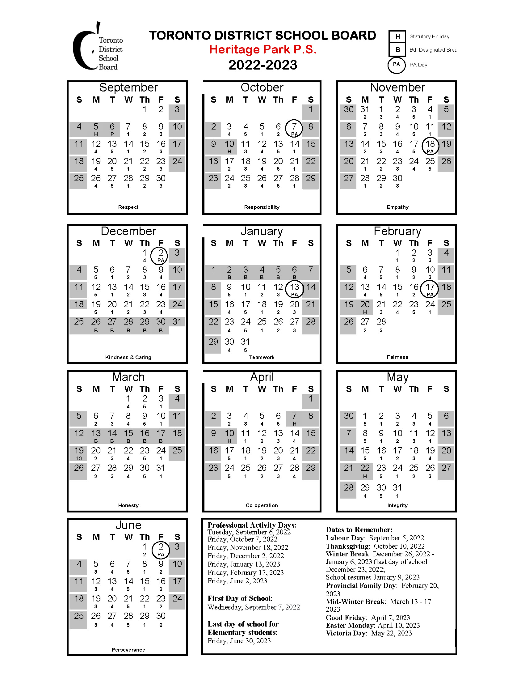 Heritage Park Public School > School Calendar
